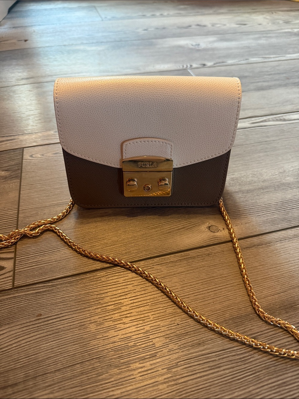 Furla Two-Tone Leather Crossbody Bag in White and Brown with Gold Chain